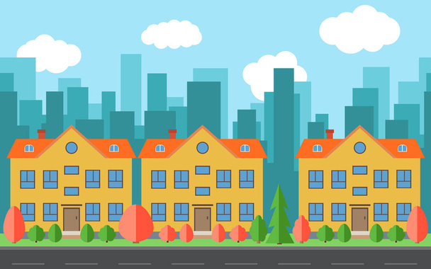 Ciudad vectorial con tres edificios de dibujos animados. Verano paisaje urbano
.  - Vector, imagen