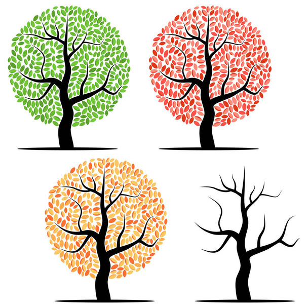 Four trees with green, red, yellow leaves and without leaves - Vector, Image