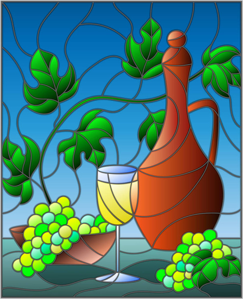 Az ábra, ólomüveg stílusú festmény, csendélet, egy kancsó bor, az üveg és a szőlő, kék háttérrel - Vektor, kép