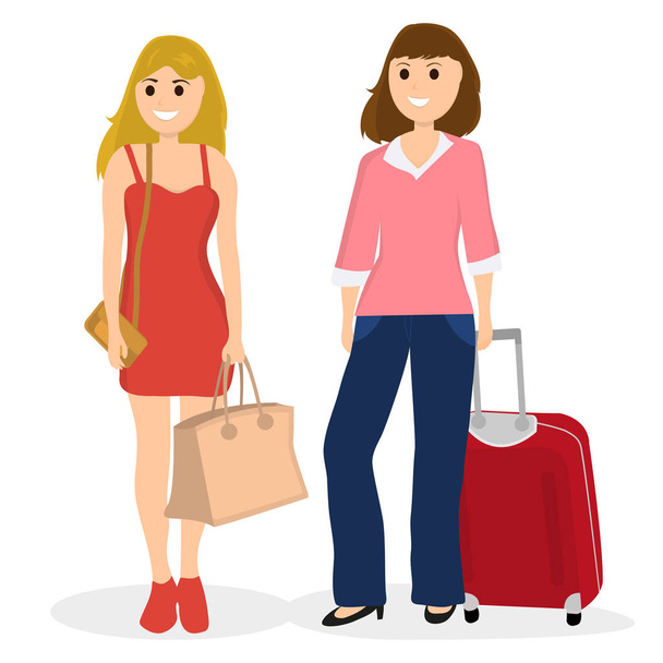 Women tourists with bags and suitcase - Vector, Image
