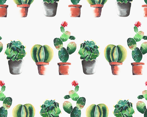 Abstract beautiful bright tropical herbal floral summer pattern of a colorful cacti in red and brown clay pots with flowers vertical pattern watercolor hand sketch - Photo, Image