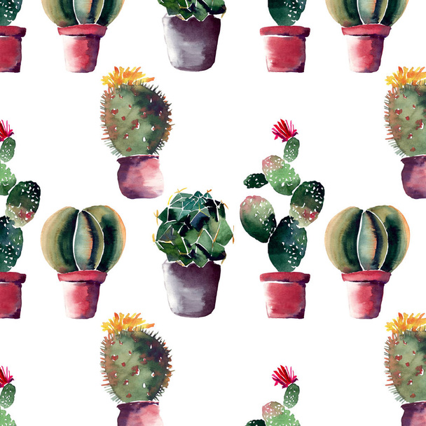 Wonderful bright mexican hawaii tropical green floral summer pattern of a colorful cacti in clay pots with flowers vertical pattern watercolor hand sketch - Photo, Image