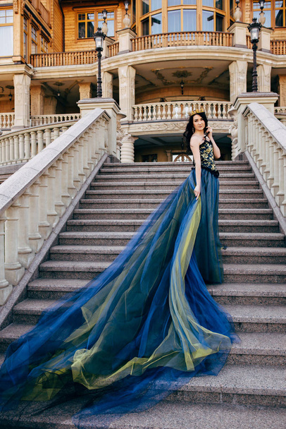Beautiful woman in a luxurious blue dress with a long train - Фото, зображення