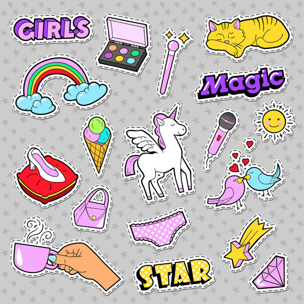 Distintivi, patch, adesivi per ragazze di moda arcobaleno, gatto, mano e uccelli in stile pop art. Illustrazione vettoriale
 - Vettoriali, immagini
