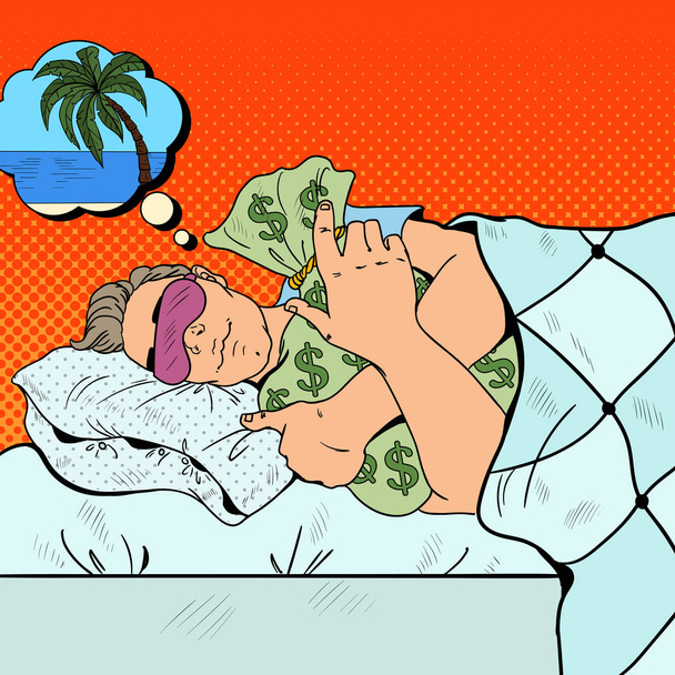 Člověk spí v posteli s pytle s penězi a snít o dovolené. Pop-Art retro vektorové ilustrace - Vektor, obrázek