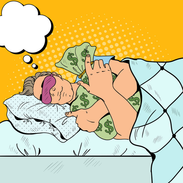 ビジネスマンはお金の袋が付いているベッドで眠っています。ポップアートのレトロなベクトル図 - ベクター画像
