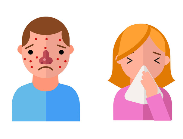Allergia szimbólumok betegség egészségügyi karakterek vírusok és egészségügyi lapos címke emberek, betegsége allergén tünetek betegség információk vektoros illusztráció. - Vektor, kép