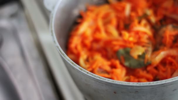 Dušená mrkev, cibule, rajčatový protlak je dušené v pánvi. Vegetariánská kuchyně - Záběry, video
