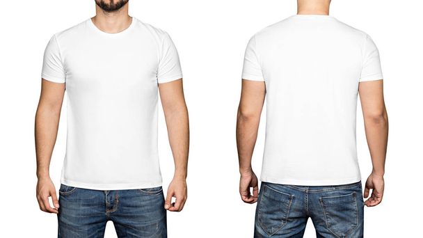 Λευκό t-shirt σε ένα νεαρό λευκό φόντο, εμπρός και πίσω - Φωτογραφία, εικόνα