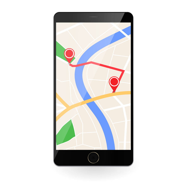 κινητό τηλέφωνο με το σχέδιο χάρτη της πόλης και τοποθεσία κόκκινο δείκτη διανυσματικά εικονογράφηση  - Διάνυσμα, εικόνα
