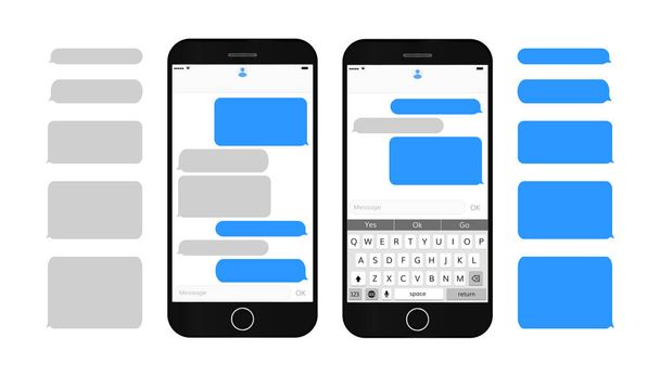 Bericht van tekstvakken op smartphone scherm lege tekst bubbels instellen dialoogvenster bubles Messaging interface met qwerty-toetsenbord en realistische moderne mobiele telefoon  - Vector, afbeelding