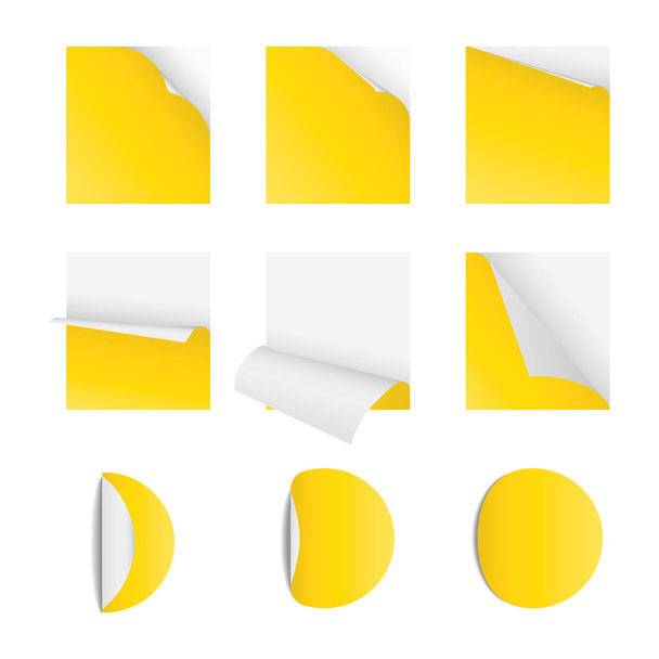 Curved corner paper set yellow  Sticky papers with page curls Round and square stickers - Vektor, obrázek