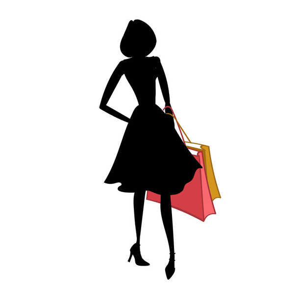 Silhouette of woman with different colored shopping bags. Vector illustration - Wektor, obraz