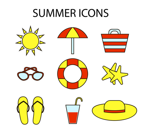 Ícone web esboço colorido definido sobre o tema do verão, férias, praia
 - Vetor, Imagem
