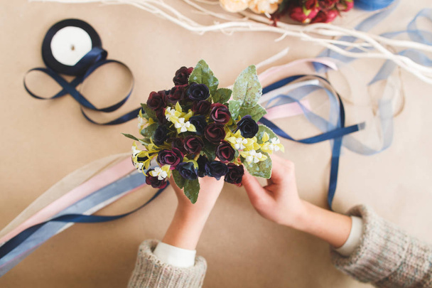 Bright bouquet, artificial flower. Craftsmanship. - Photo, Image