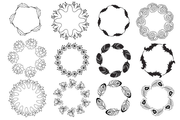 set of hand drawn doodle wreaths. Vector hand drawn illustration black and white.  Design elements for cards, flyers - Vetor, Imagem