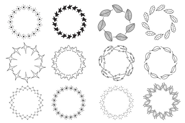 set of hand drawn doodle wreaths. Vector hand drawn illustration black and white.  Design elements for cards, flyers - Vetor, Imagem
