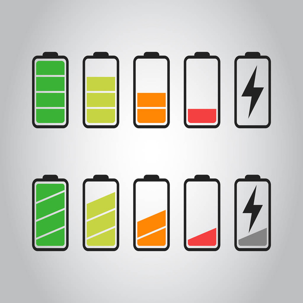 Batteria icona vettoriale impostato isolato su sfondo grigio. Simboli del livello di carica della batteria, pieno e basso. Il grado di potenza della batteria illustrazione vettoriale piatta
. - Vettoriali, immagini