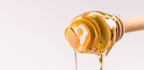 Miel coulant d'une trempette au miel en bois isolé sur blanc
 - Photo, image