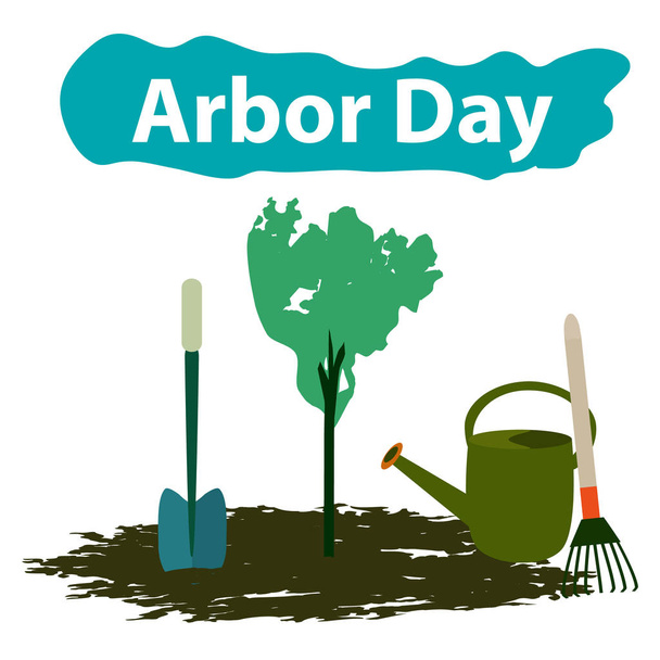 Ημέρα Arbor. 29 Απριλίου. Δέντρο. Εργαλεία κήπου. Φτυάρι, τσουγκράνα, ποτιστήρι. Εικονογράφηση διάνυσμα - Διάνυσμα, εικόνα