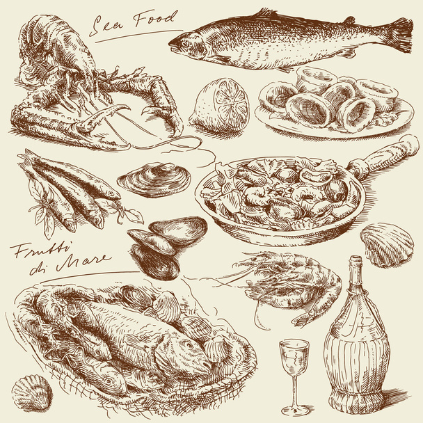 手描きの魚介類 - ベクター画像