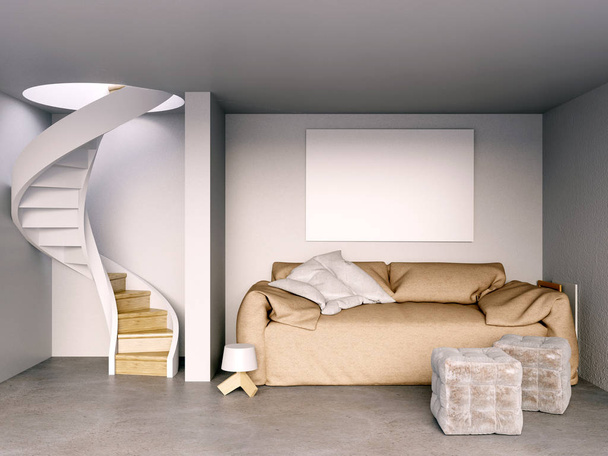 Внутренняя стена с лестницей и диваном. living room hipst
 - Фото, изображение