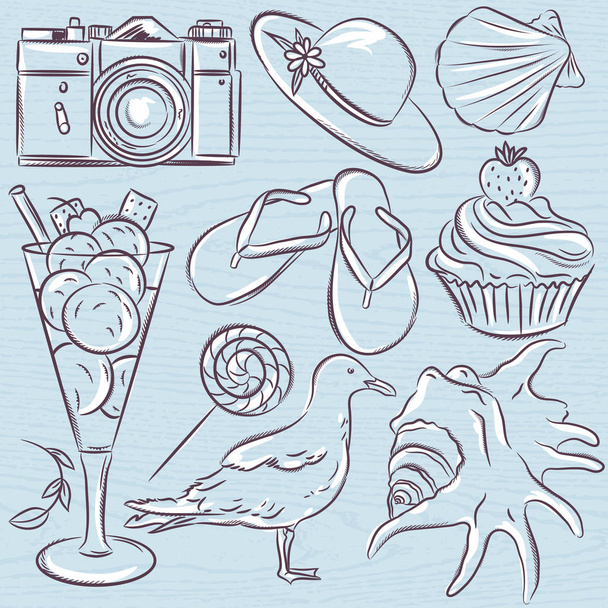 Set of  summer symbols,  seashell, seagull, camera, muffin, hat, - Вектор, зображення