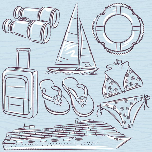 Set of  summer symbols, cruise ship, boat, suitcase, swim suit,  - Vector, Imagen