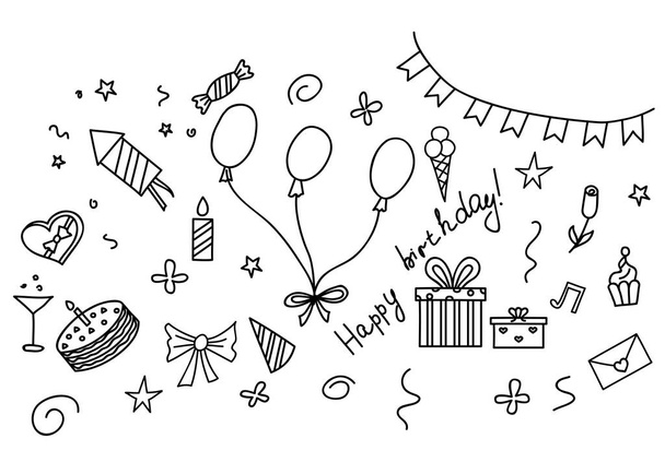 Feliz cumpleaños dibujado a mano conjunto de bocetos con atributos de fiesta
 - Vector, imagen