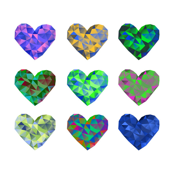 A set of 9 multi-colored polygonal hearts. Vector illustration on isolated background - Vector, afbeelding
