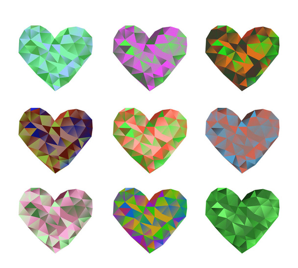 A set of 9 multi-colored polygonal hearts. Vector illustration on isolated background - Vector, Imagen
