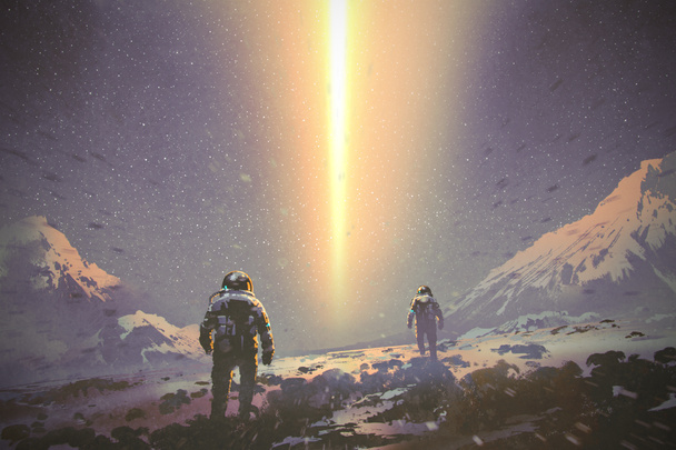 astronauts walking to mystery light beam from the sky - Photo, Image