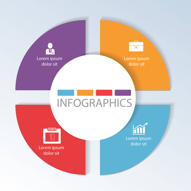 Circulaire infographics van 4 stappen, segmenten voor de jaarlijkse rapporten, grafieken, presentaties, werkstroom layout, banner, aantal opties, intensiveren van opties, Webdesign met symbolen en ruimte voor tekst - Vector, afbeelding