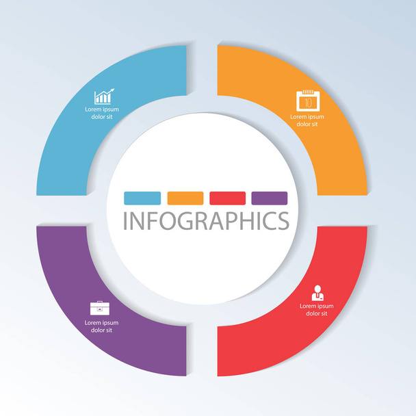 Циркулярна інфографіка з 4 кроками, сегменти для щорічних звітів, діаграми, презентації, компонування робочого процесу, банер, параметри номерів, параметри кроку, веб-дизайн з символами та простір для тексту
 - Вектор, зображення