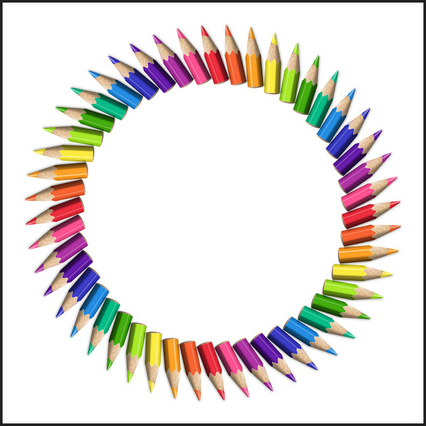 Quadro circular de lápis coloridos realistas em fundo branco
 - Vetor, Imagem