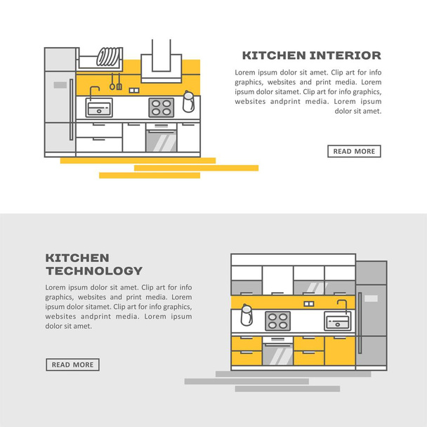 Móveis e aparelhos de cozinha. Ilustração vetorial em estilo de linha. Pode ser usado para publicidade ou web design
. - Vetor, Imagem