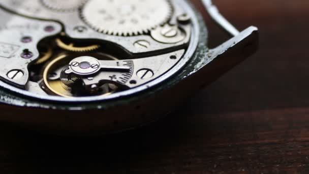 .Inside of watch mechanism On a stylish wooden background - Footage, Video