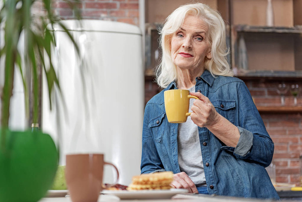 Serine old lady drinking tea at home - 写真・画像
