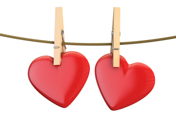 Hearts on rope with clothespin, valentine's day concept. 3D rend - Foto, Imagen