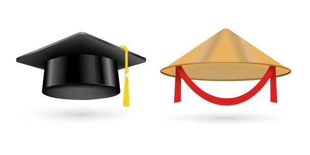 Diferentes tipos de moda vietnam sombrero moderno graduación gorra accesorios ropa vector ilustración
 - Vector, Imagen