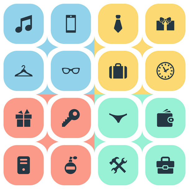 Illustrazione vettoriale Set di icone semplici. Elementi Business Bag, appendiabiti, tempo e altri strumenti sinonimi, occhiali da sole e musica
. - Vettoriali, immagini