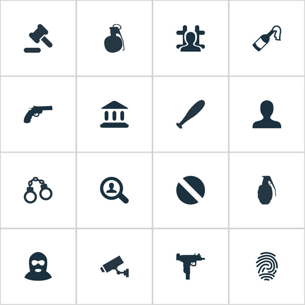 Vector illustratie Set van eenvoudige Offense iconen. Elementen Gun, dief, honkbalknuppel synoniemen justitiële, biometrische en andere Camera. - Vector, afbeelding