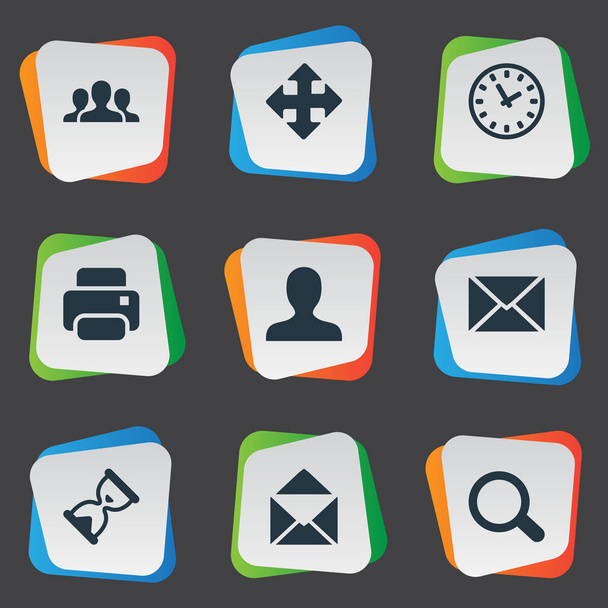 Vector Illustration Set Of Simple Apps Icons. Elements Watch, Envelope, Magnifier And Other Synonyms Enlarge, Human And User. - Вектор,изображение