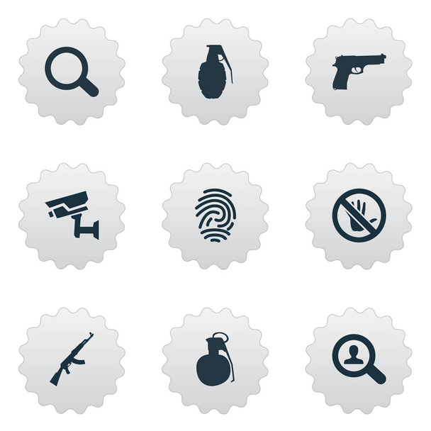 Vector Illustration Set Of Simple Crime Icons. Elements Magnifier, Explosive, Touch Forbidden And Other Synonyms Detective, Magnifier And Alarm. - Vector, Image