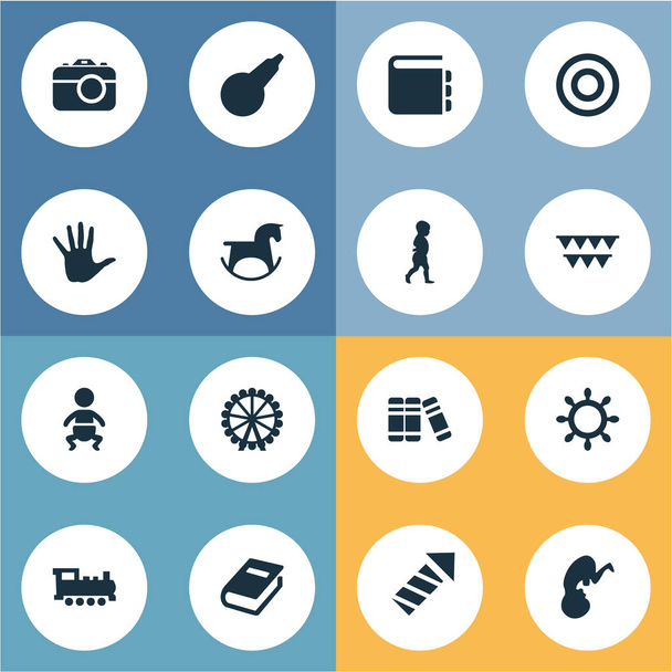 Vector Illustration Set Of Simple Infant Icons. Elements Board, Textbook, Train And Other Synonyms Textbook, Pump And Enema. - Vector, Image