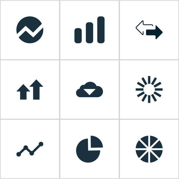 Vektoros illusztráció csoportja ikonok egyszerű elemzés. Elemek gazdaság, a körkörös ábra, a növekedés és a más szinonimák növekedés két és diagram. - Vektor, kép
