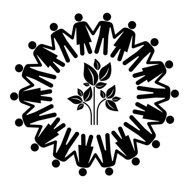 silhouette noire travail d'équipe humain cercle avec plante avec branche et feuilles
 - Vecteur, image