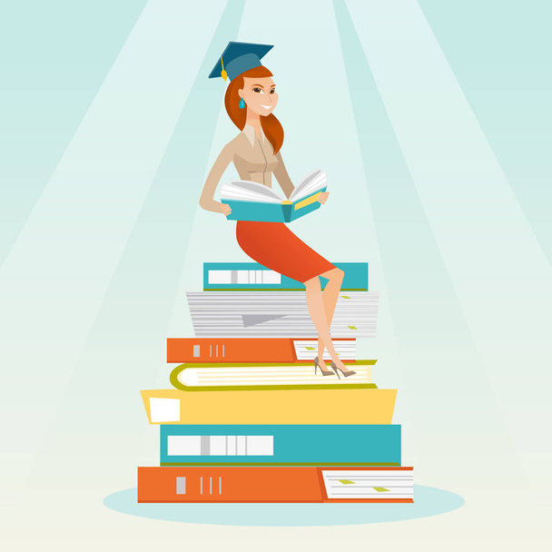 Student sitting on huge pile of books. - Vector, afbeelding