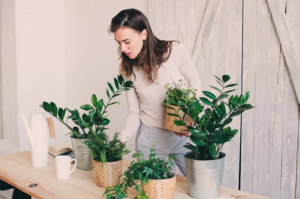 young woman watering flowerpots at home. Casual lifestyle series in modern scandinavian interior - Valokuva, kuva