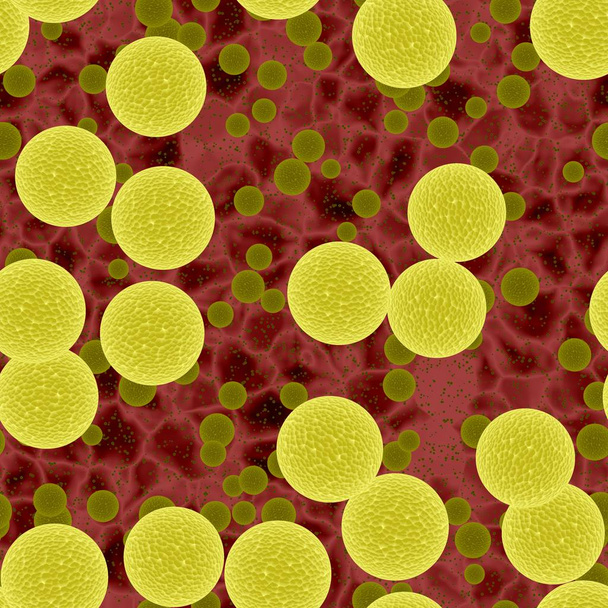 Vaaralliset keltaiset bakteerit tai viruspallot kevyessä veressä, epidemian alku, 3d kuva
,  - Valokuva, kuva